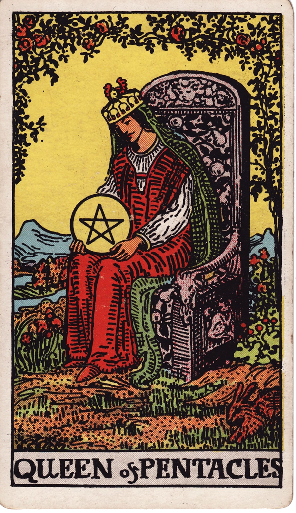 Queen of Pentacles tarot card depicting a nurturing woman surrounded by symbols of abundance like fruit and a pentacle.